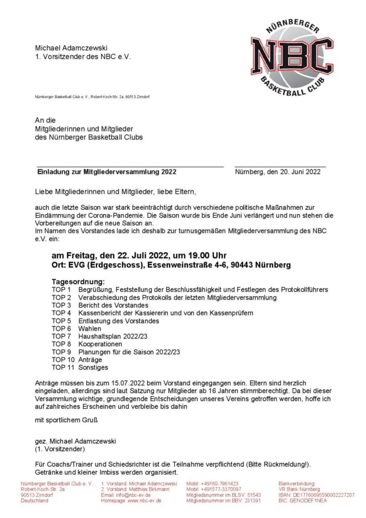 Einladung zur Jahreshauptversammlung
